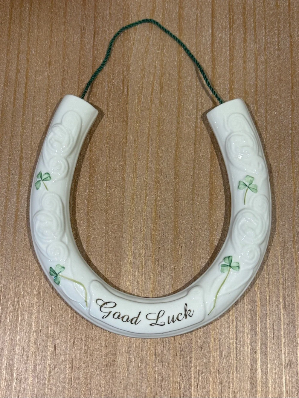 Belleek Good Luck White Ceramic Horseshoe Wall Decor with Green Accents
